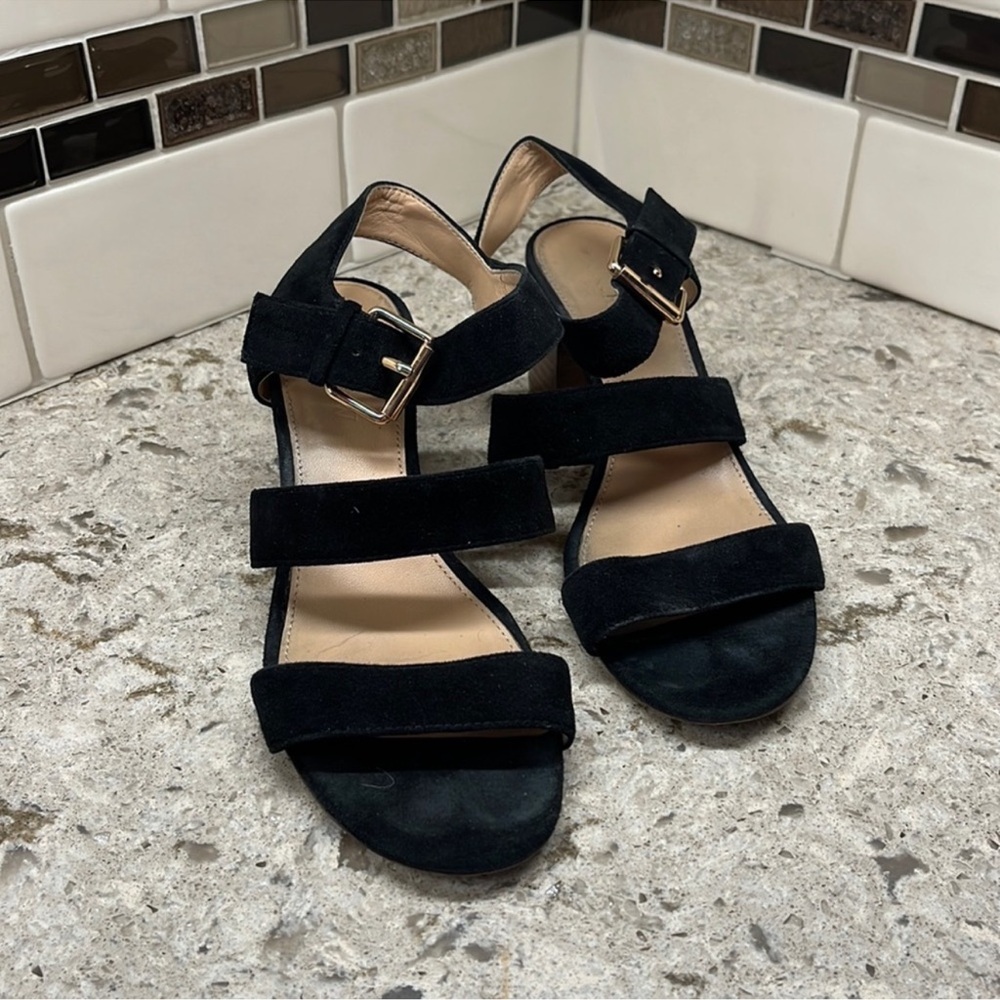 $148 J. CREW Block Heel Strappy Sandals in Black Suede Leather Size 6 - Picture 2 of 5